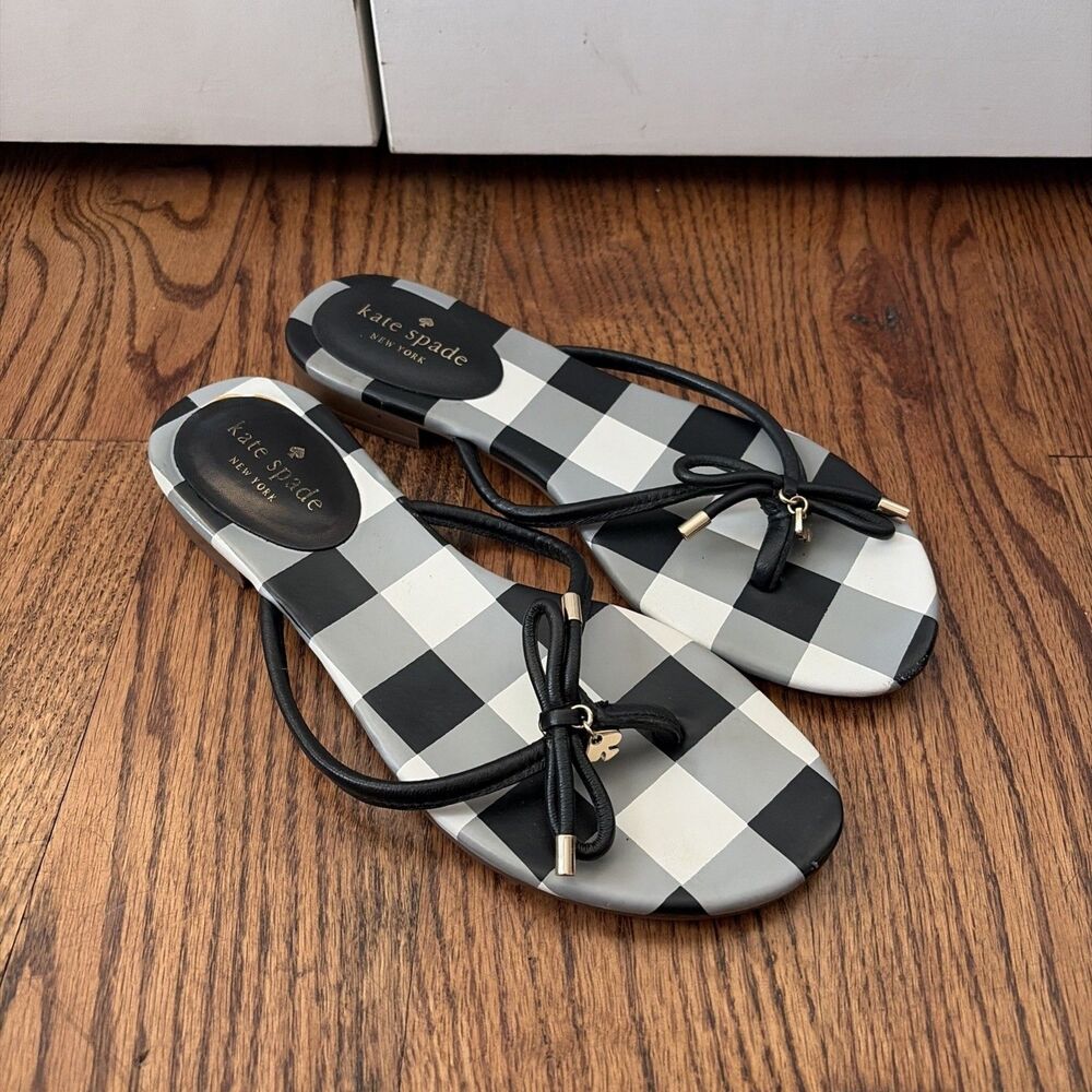 Kate Spade Black Check Print Plaid Thongs Flip Flops Sandals Leather size 7.5